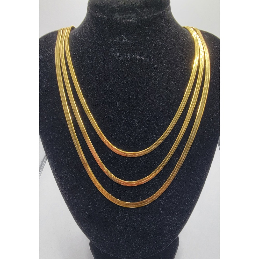 Gold Tone Stainless Steel Triple Layer Herringbone Flat Snake Chain Necklace